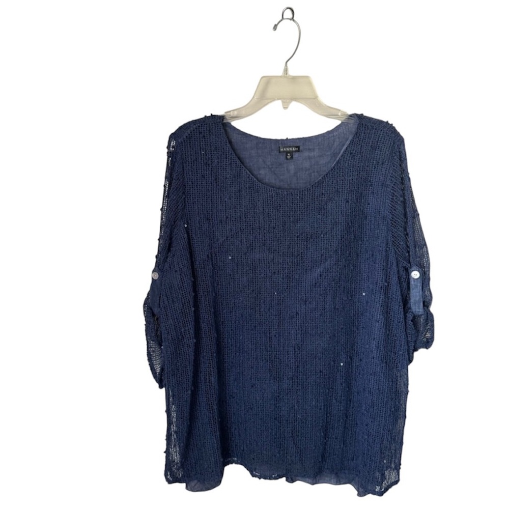 Hannah XL Women’s Blue Blouse Layered Knit Sequins 3/4 Sleeve Y2K Fairycore
